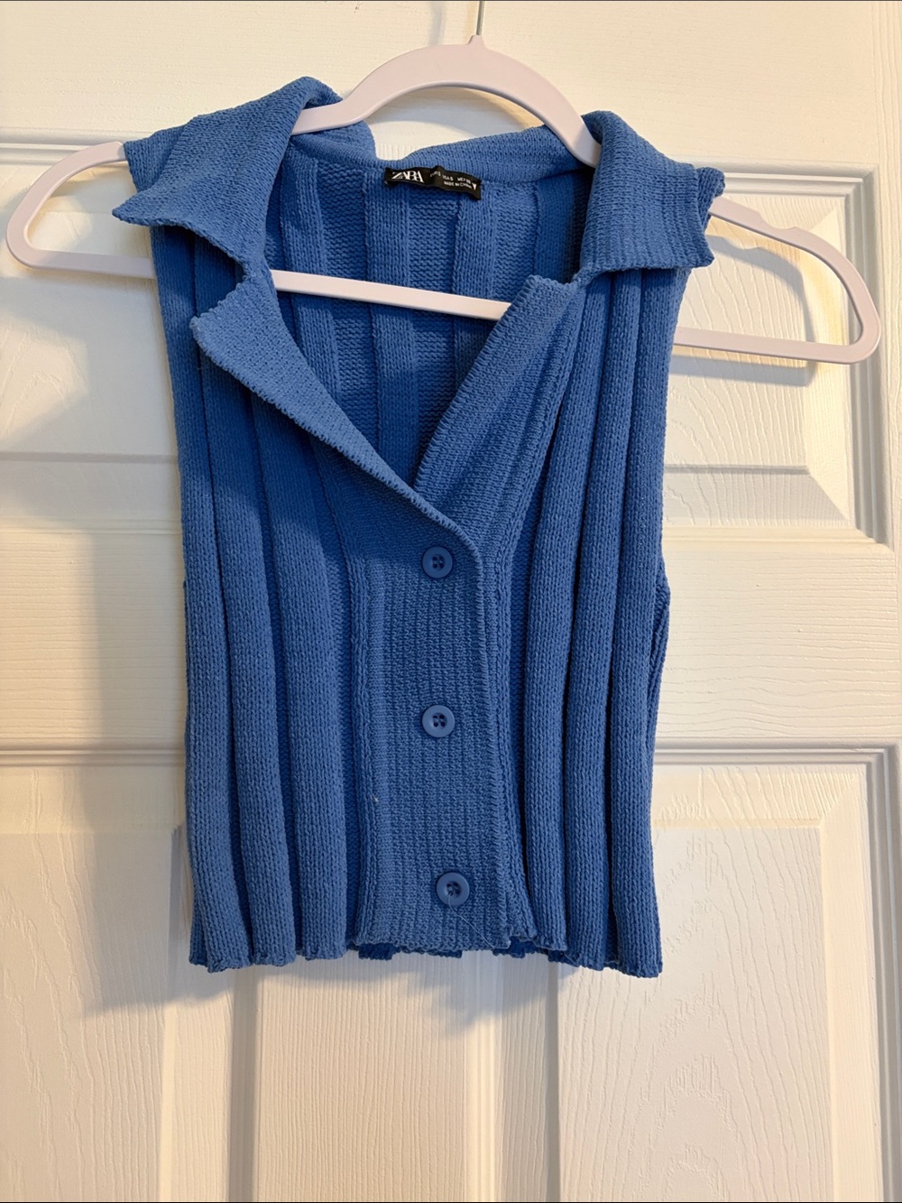 Zara Cobalt Blue Ribbed Sleeveless Collared Button-Up Top
